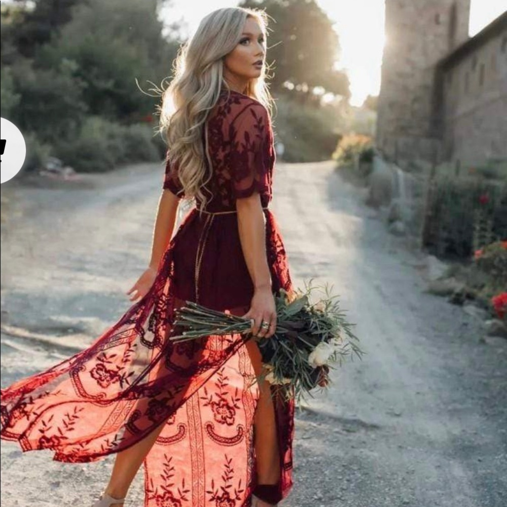 Boho Lace Maxi Dress never worn red/wine/maroon OS